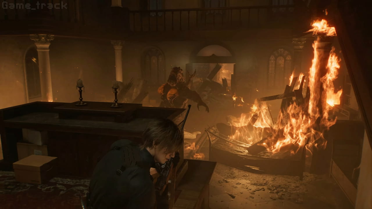 Leon chiến đấu trong đại sảnh cháy của Resident Evil 9 Requiem