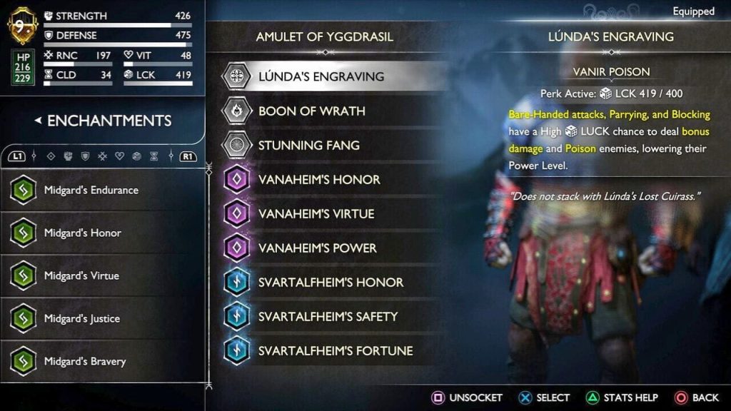 Hệ thống ngọc Engravings trong New Game Plus của God of War Ragnarok.