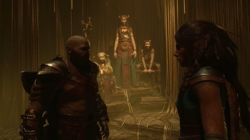 Kratos đứng trước các Norns tại Giếng Urd, đối diện với bản chất thật của mình.