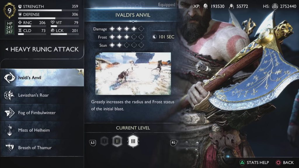Bảng nâng cấp và chỉ số của kỹ năng Heavy Runic Ivaldi's Anvil cho rìu Leviathan trong God of War Ragnarok