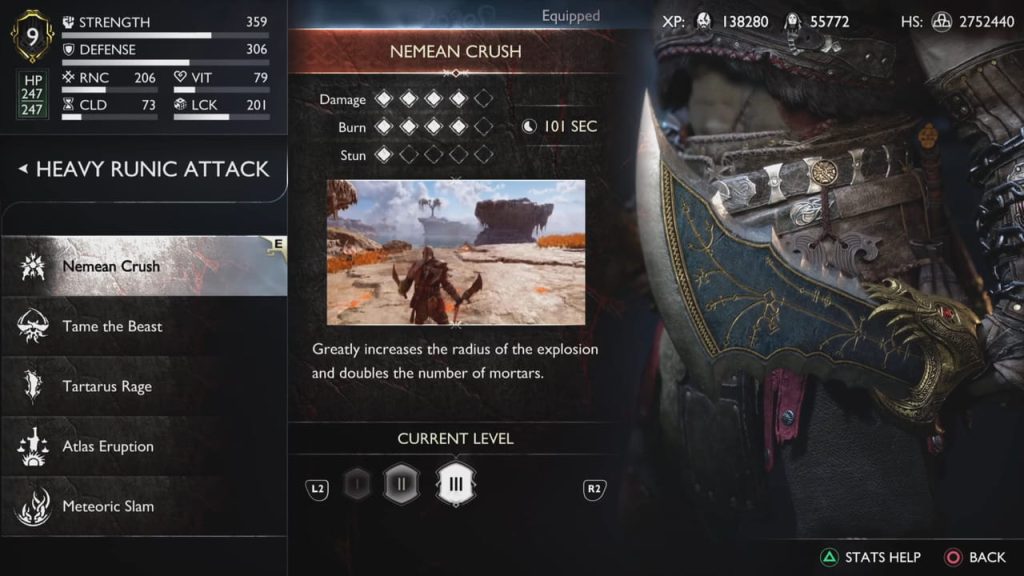Chỉ số chi tiết của kỹ năng Heavy Runic Nemean Crush thuộc đao hỗn mang trong menu trang bị God of War Ragnarok