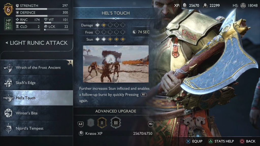 Giao diện thông số của kỹ năng Light Runic Hel's Touch thuộc vũ khí rìu Leviathan trong God of War Ragnarok NG+