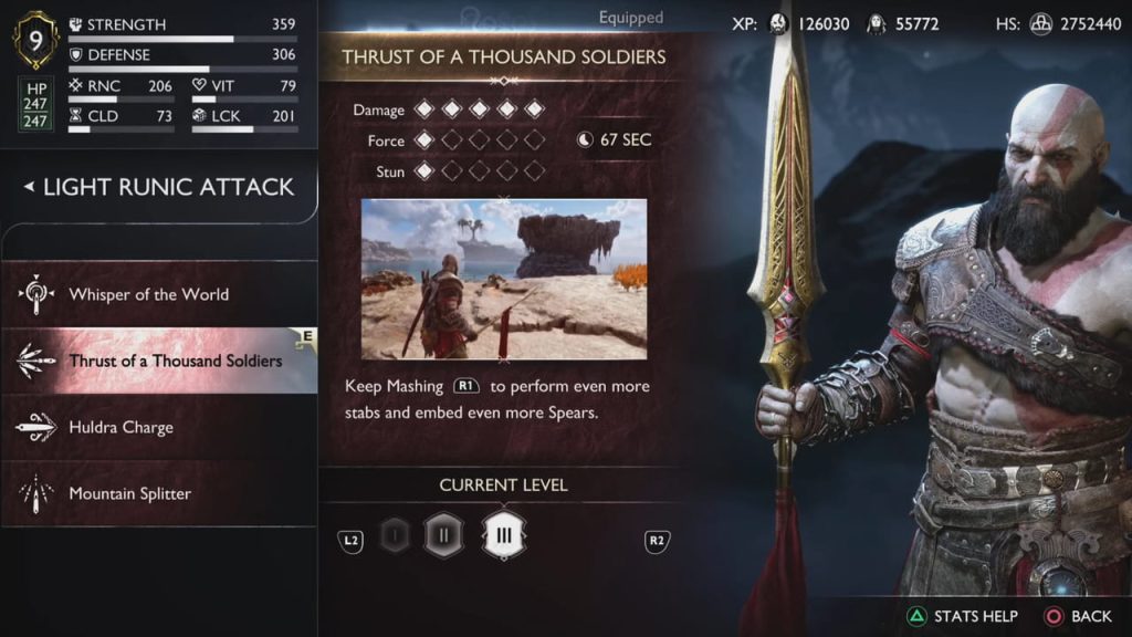 Giao diện kỹ năng Light Runic Thrust of a Thousand Soldiers của ngọn giáo Draupnir Spear dành cho Kratos