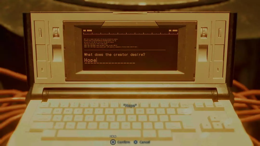 Màn hình Terminal PANDORA tự động nhập từ khóa Hope mở ra Ending Hope trong Resident Evil 9