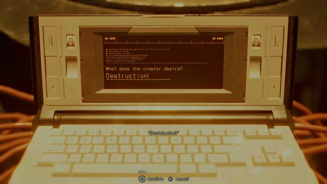Màn hình Terminal PANDORA tự động nhập từ khóa Destruction dẫn tới Ending Destruction trong Resident Evil 9