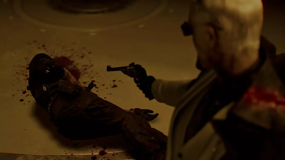 Thi thể Leon S. Kennedy gục ngã trên vũng máu sau phát súng của Zeno trong Ending Destruction