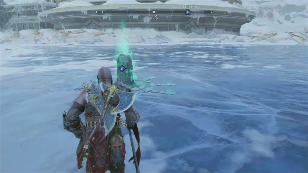 Kratos đứng trước bia mộ Fraekni the Zealous tại Midgard trong God of War Ragnarök
