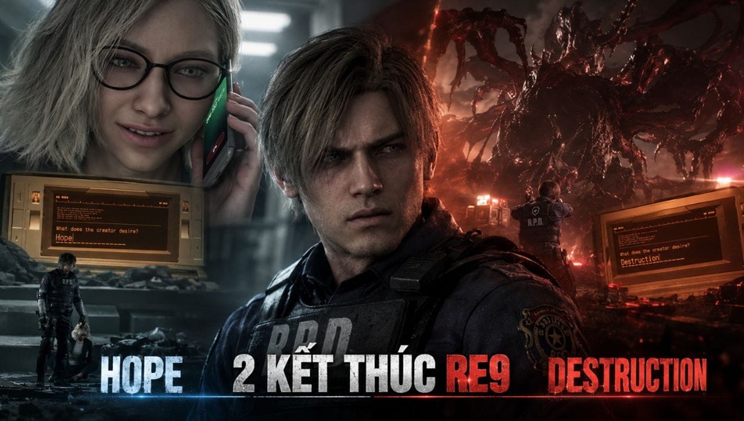 Poster Resident Evil 9 Requiem thể hiện Leon S. Kennedy và Grace Ashcroft trước hai ngã rẽ ending