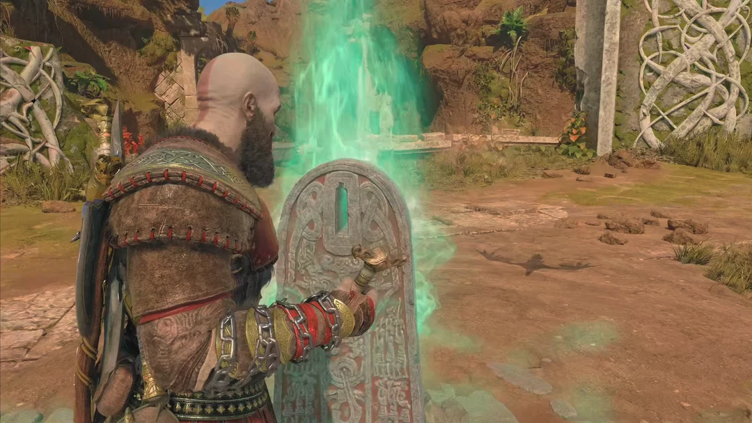 Kratos đứng trước bia mộ Haklangr the Bearded tại Vanaheim trong God of War Ragnarök