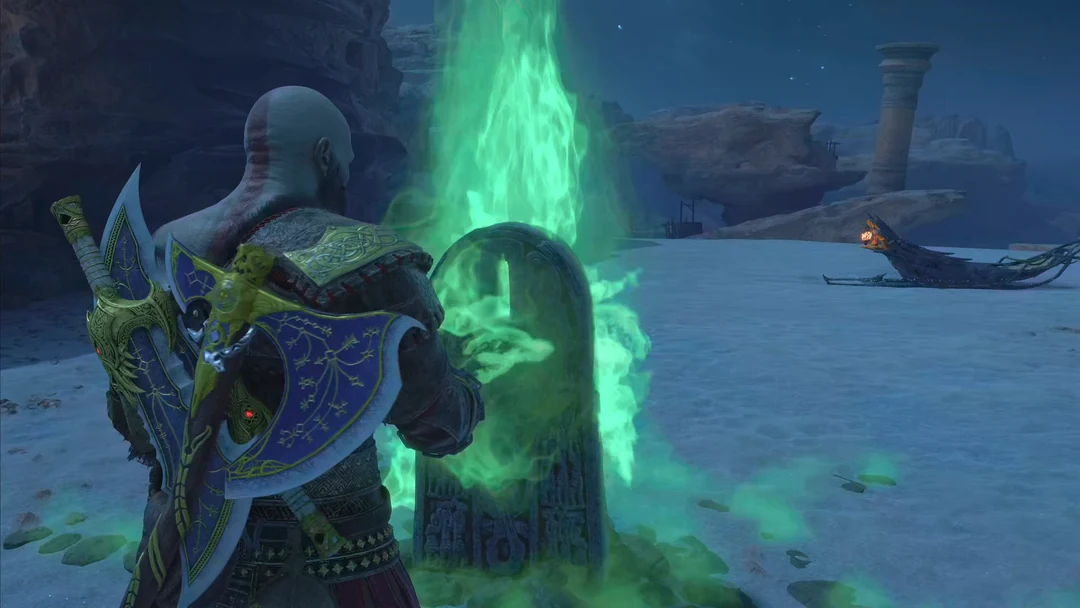 Kratos đứng trước bia mộ Hjalti the Stolid tại Alfheim trong God of War Ragnarök