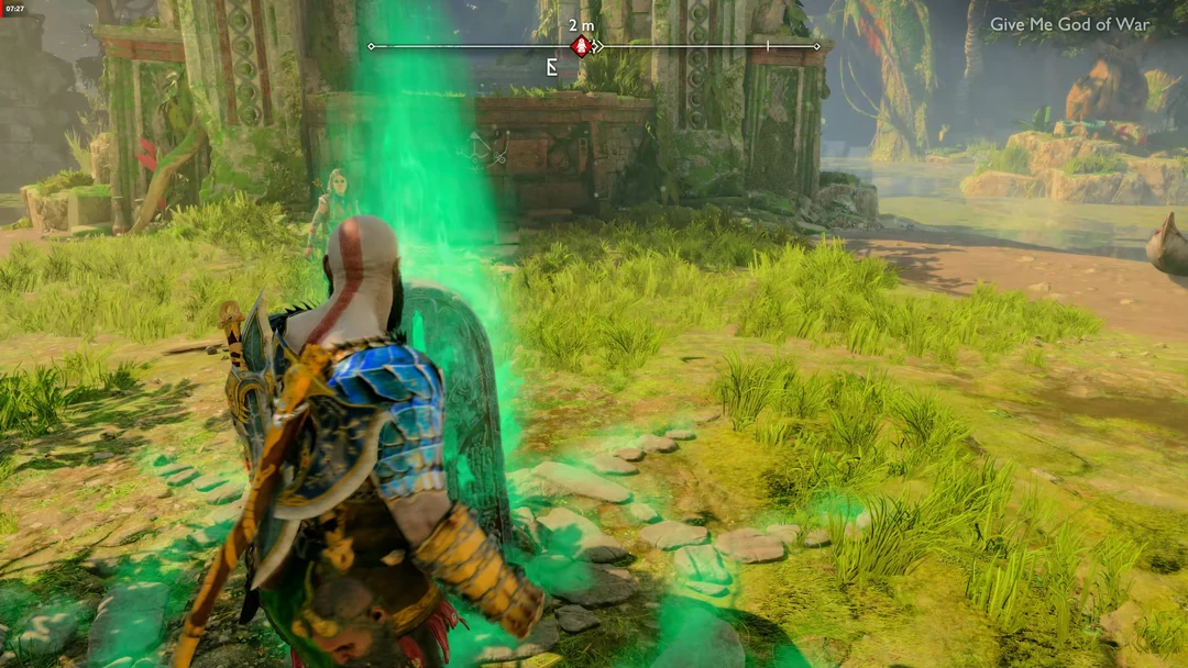 Kratos đứng trước bia mộ Hvitserkr the Bold tại Vanaheim trong God of War Ragnarök