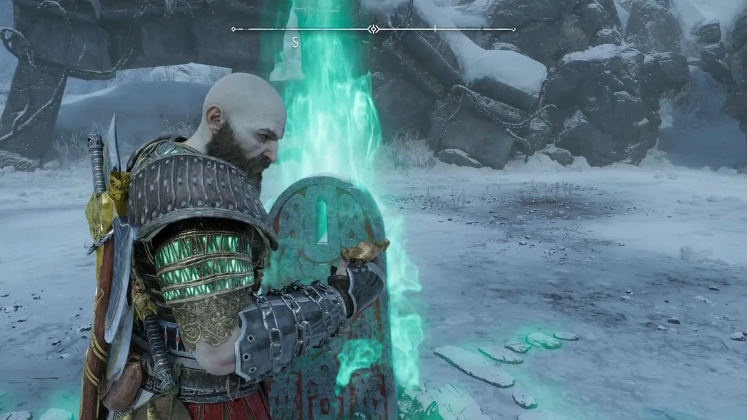 Kratos đứng trước bia mộ King Hrólf Kraki tại Midgard trong God of War Ragnarök