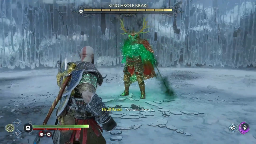 Kratos giao chiến với King Hrólf Kraki tại Midgard trong God of War Ragnarök