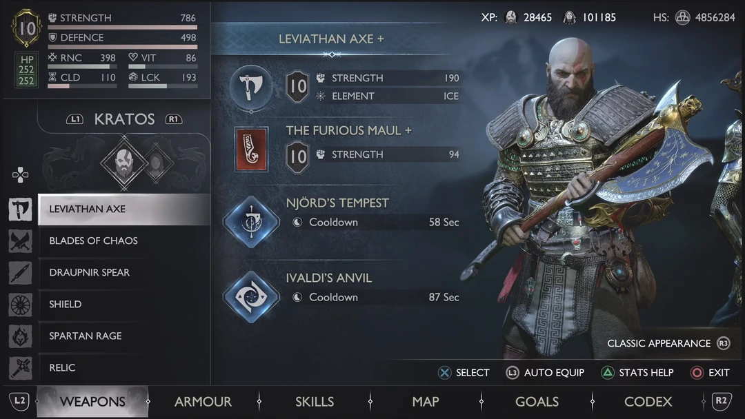 Màn hình trang bị Kratos với Leviathan Axe cấp 10 và các chỉ số trong God of War Ragnarök