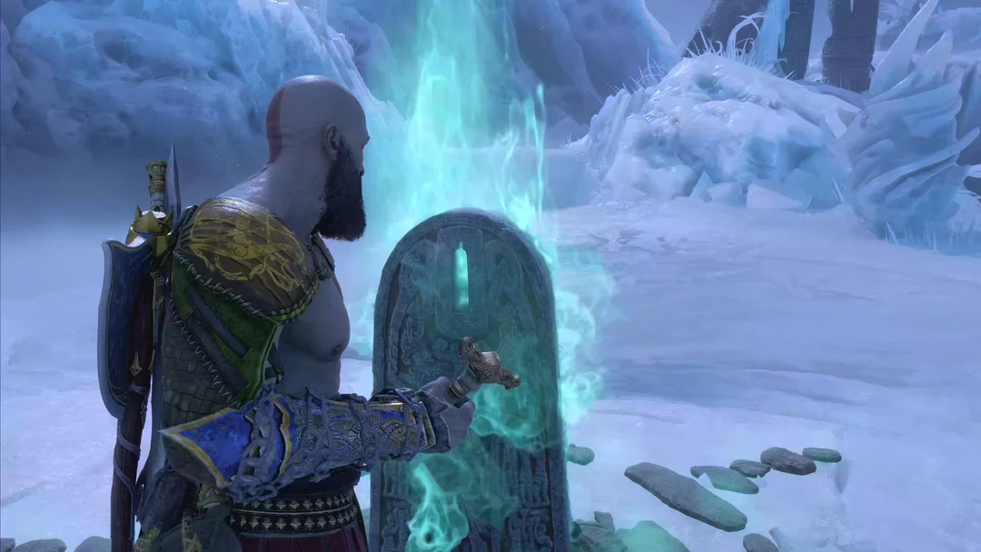 Kratos đứng trước bia mộ Skjothendi the Unerring tại Niflheim trong God of War Ragnarök