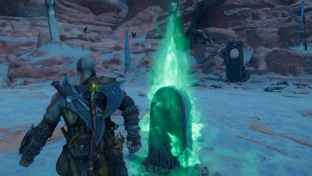 Kratos đứng trước bia mộ Svipdagr và Sisters of Illska tại Alfheim trong God of War Ragnarök