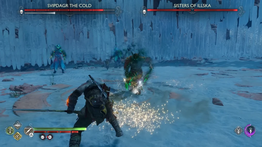 Kratos giao chiến với Svipdagr và Sisters of Illska tại Alfheim trong God of War Ragnarök